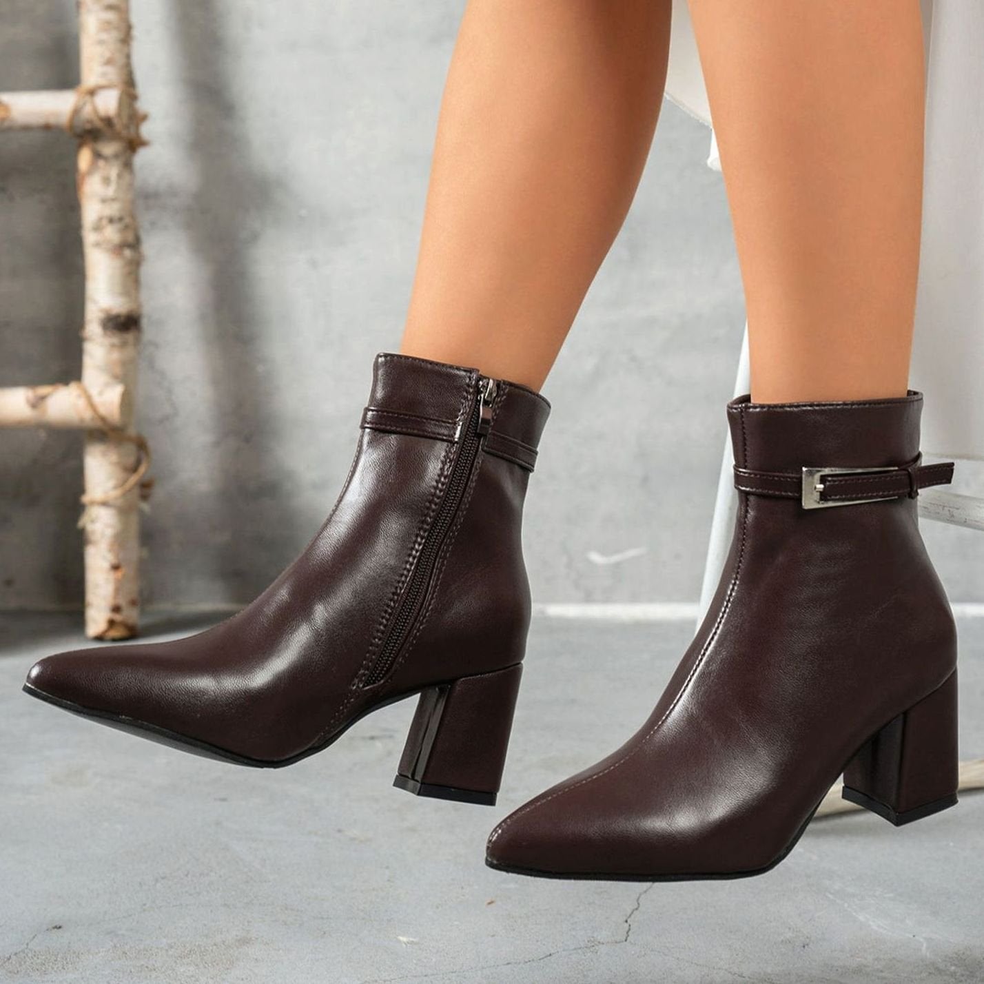 Women's Block Heel Pointed-Toe Buckle Ankle Boots - Brown