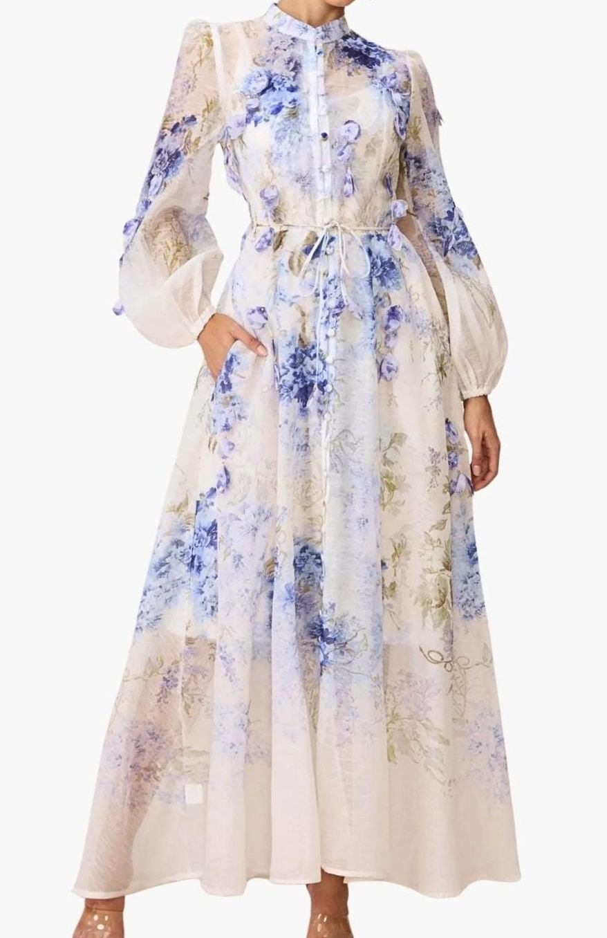 Women's Blue Floral Maxi Dress Long Sleeve Belted A-Line