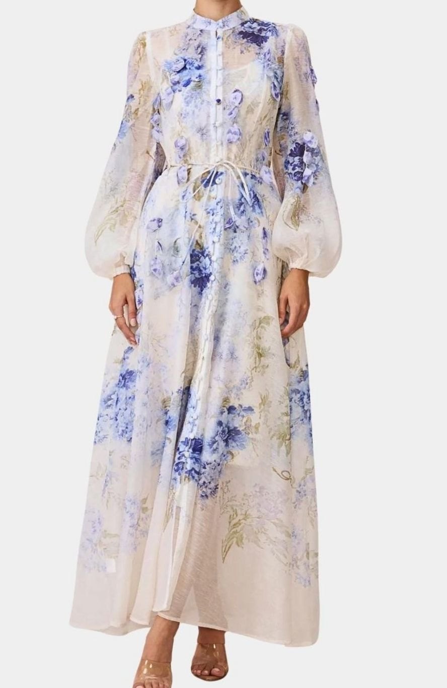 Women's Blue Floral Maxi Dress Long Sleeve Belted A-Line