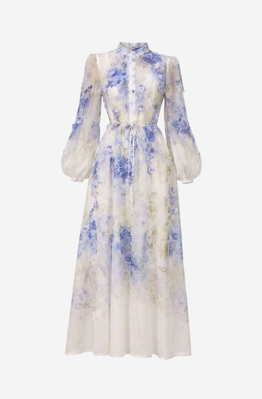 Women's Blue Floral Maxi Dress Long Sleeve Belted A-Line - Blue