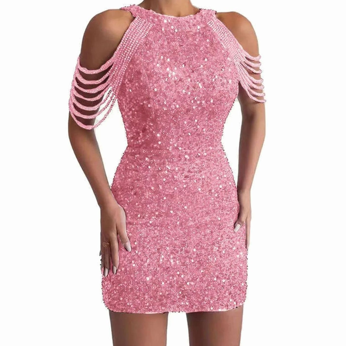 Women's Bodycon Sequin Dress Pearl Chain Shoulder Detail - Pink