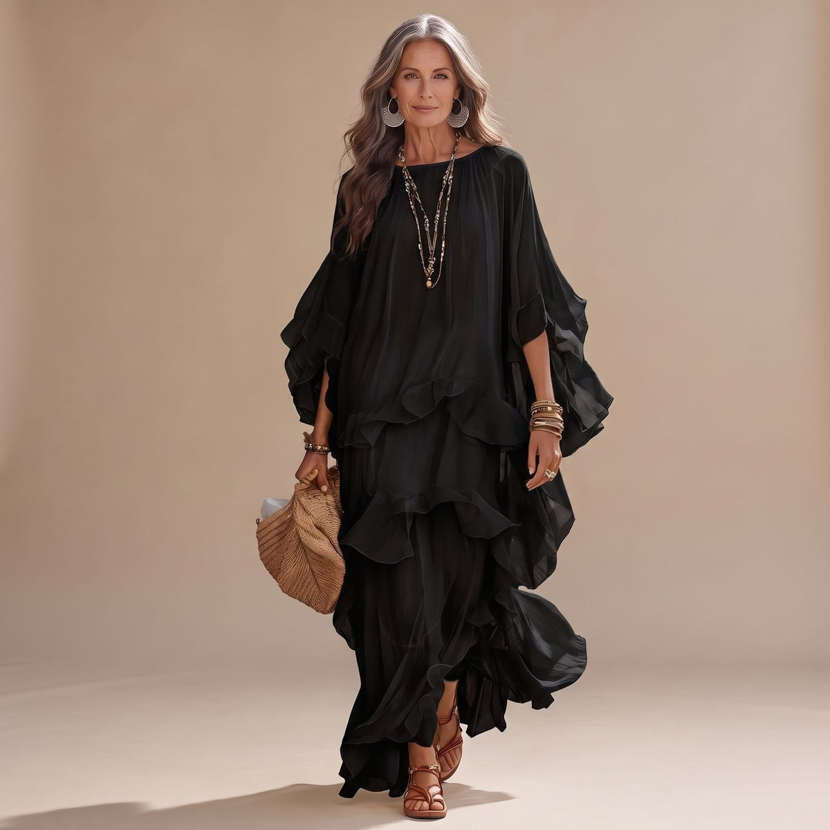 Women's Bohemian Elegant Layered Ruffle Maxi Dress - Black