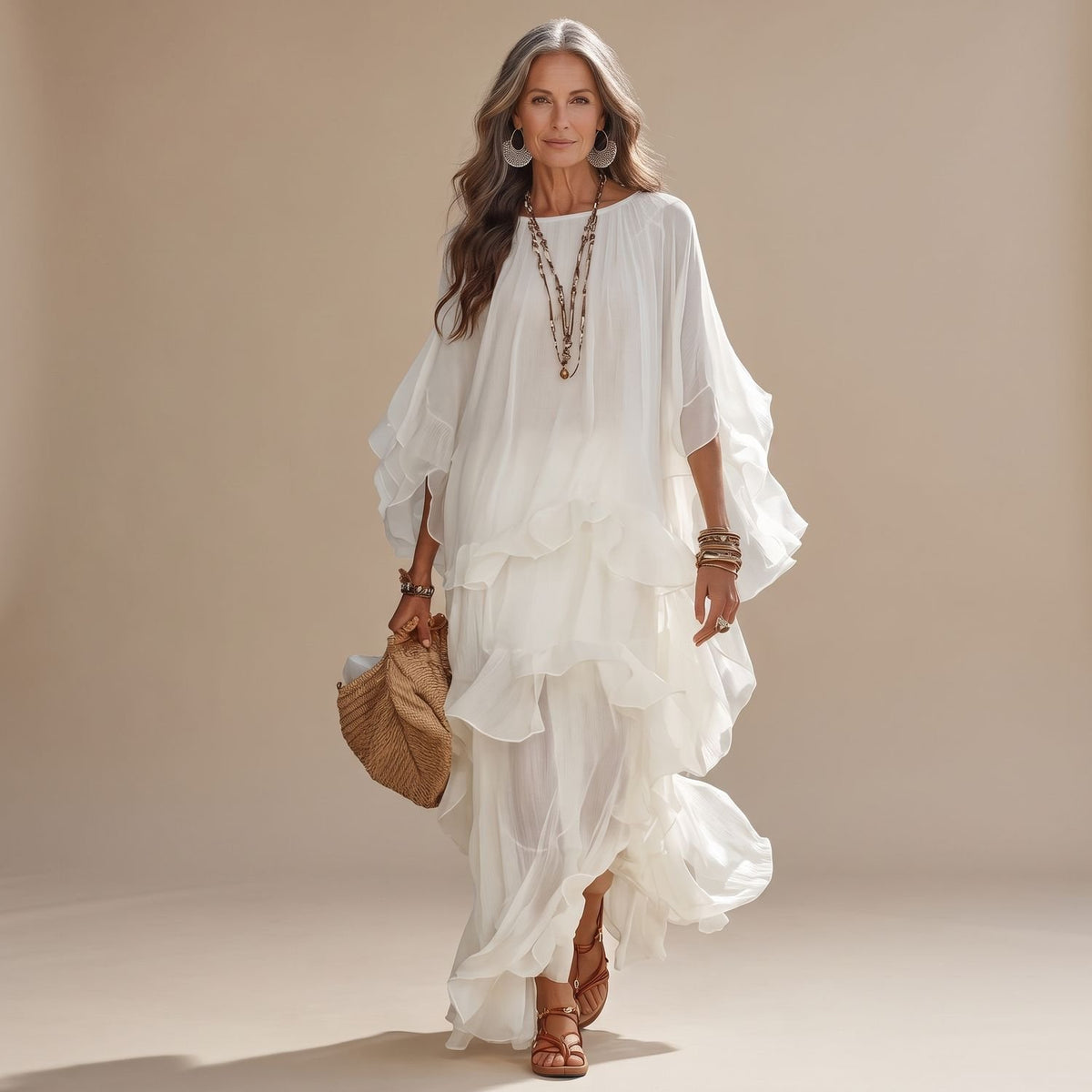 Women's Bohemian Elegant Layered Ruffle Maxi Dress - White