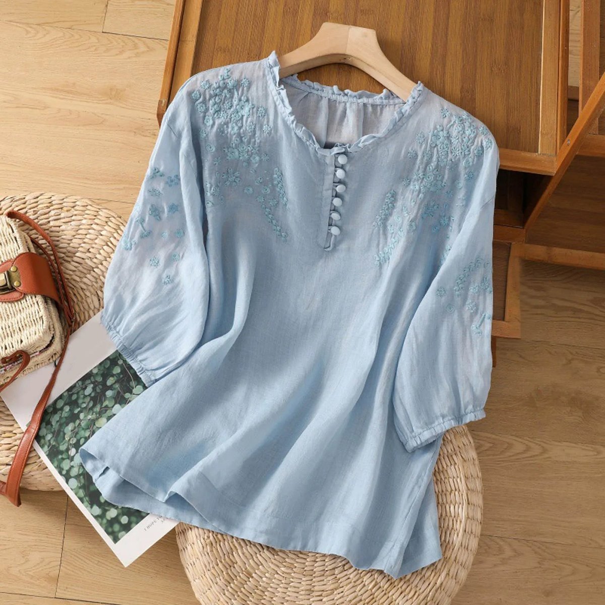 Women's Bohemian Floral Embroidered Ruffle-Neck Blouse - Blue