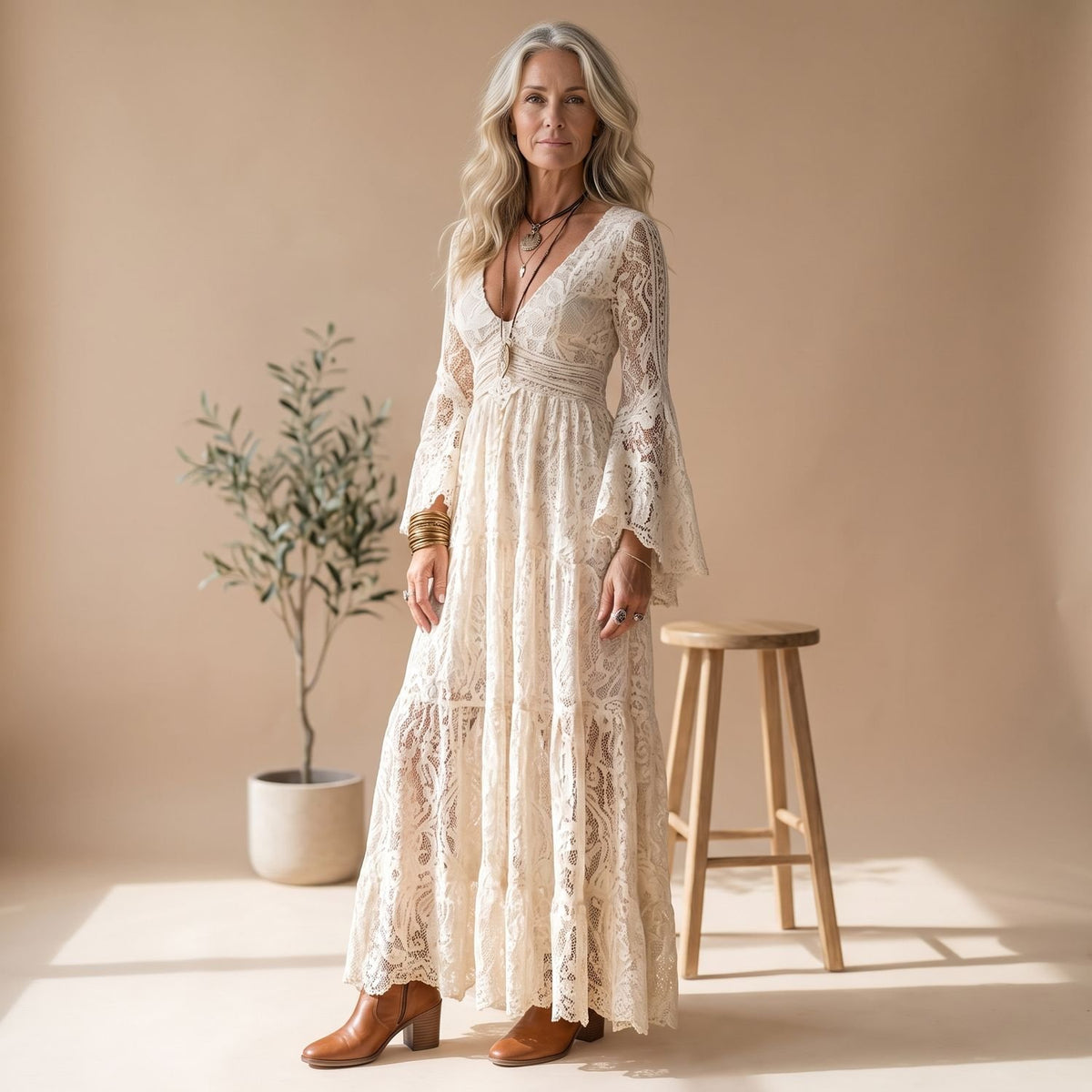Women's Bohemian Lace V-Neck Bell-Sleeve Maxi Dress