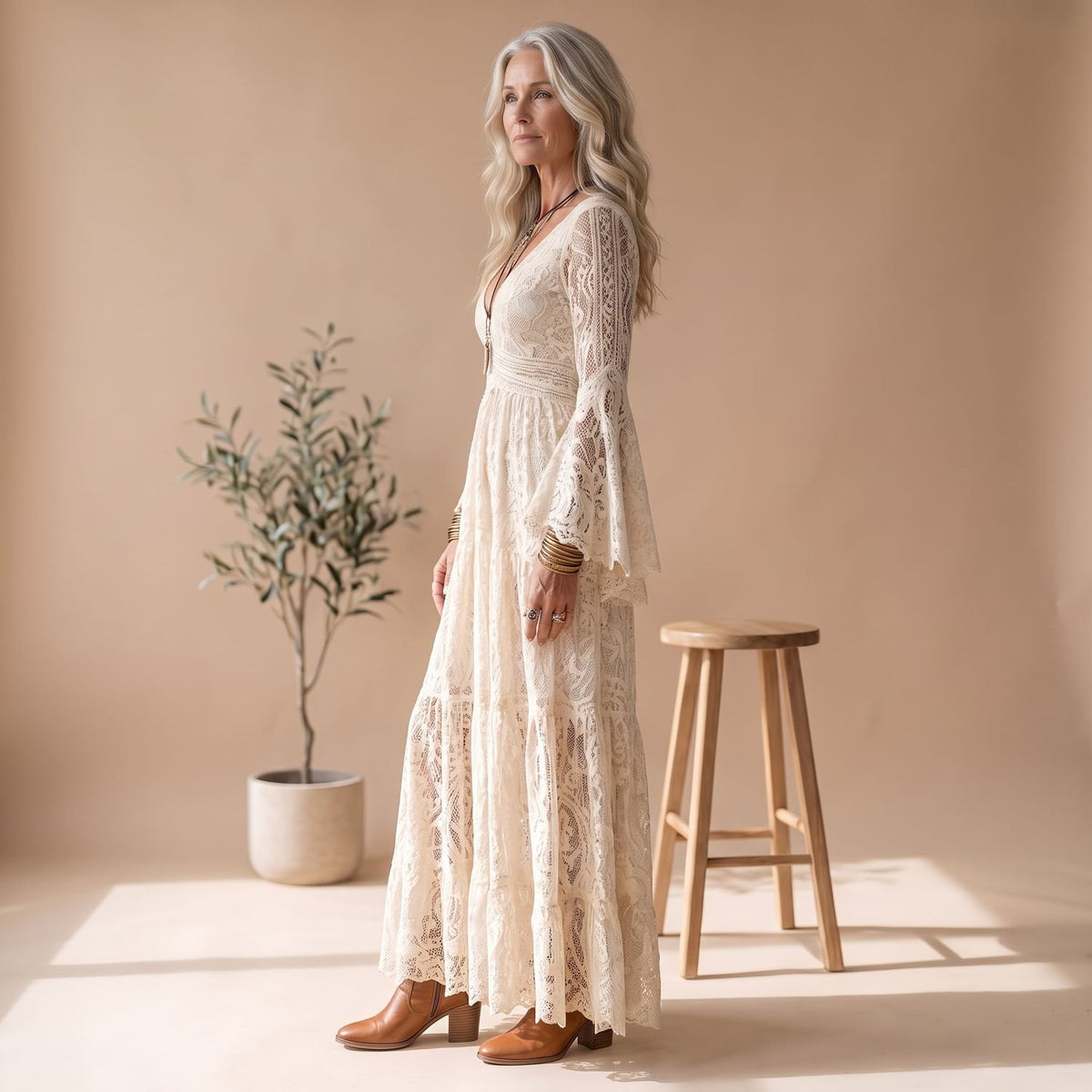 Women's Bohemian Lace V-Neck Bell-Sleeve Maxi Dress