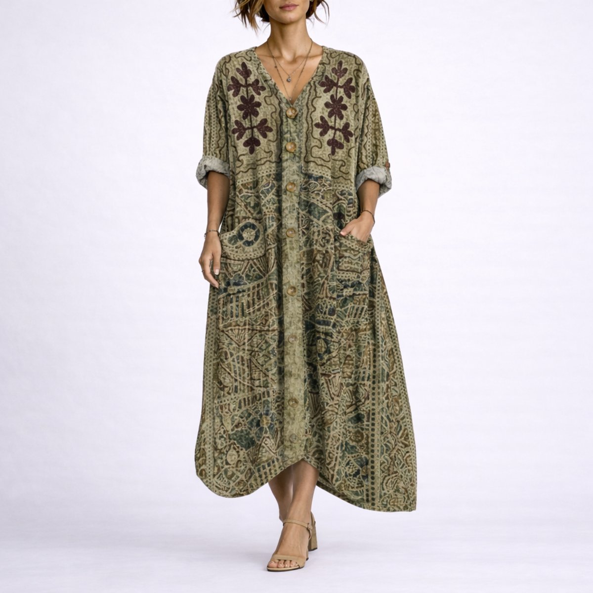 Women's Bohemian Paisley-Print V-Neck Maxi Kaftan Dress - Green