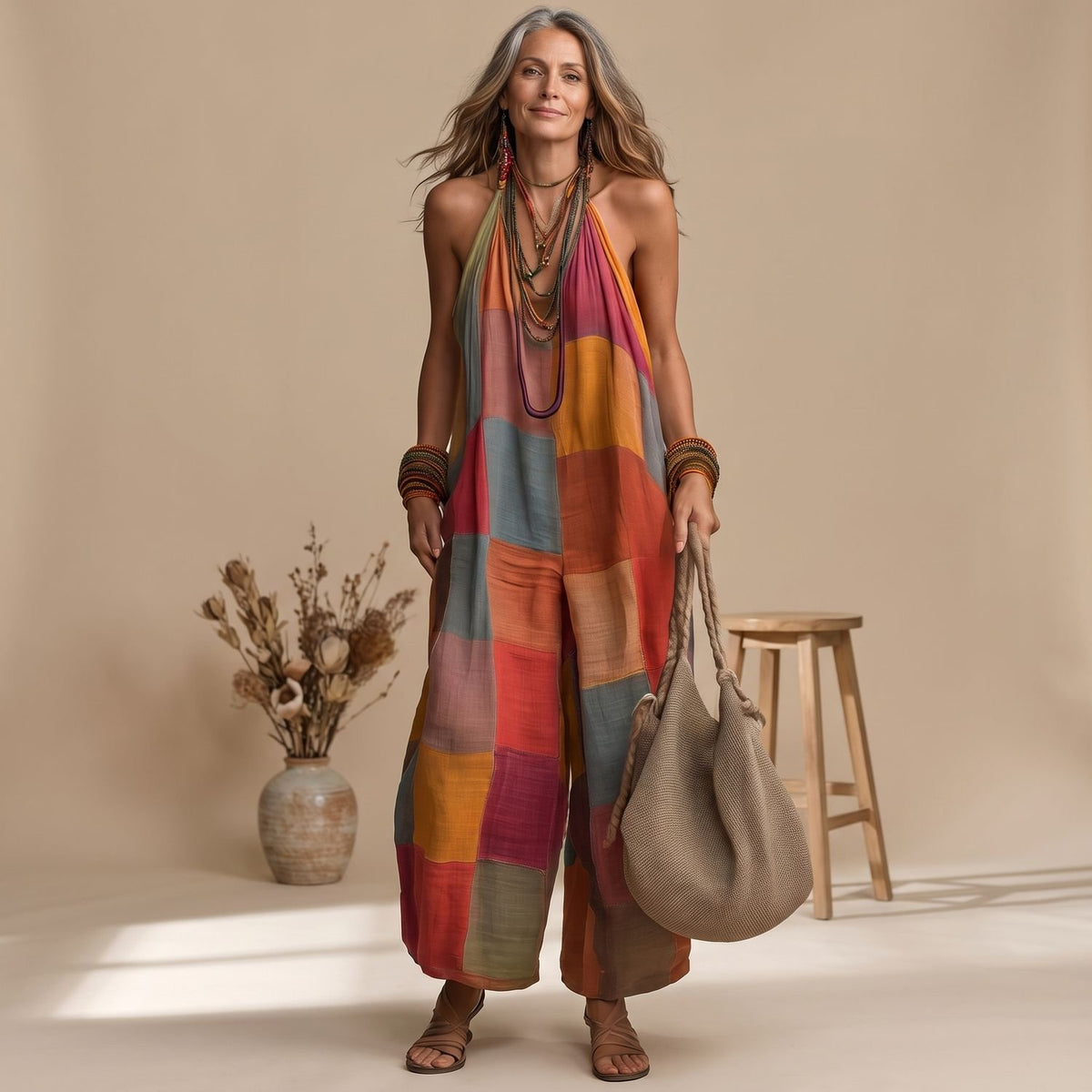Women's Bohemian Patchwork Halter-Neck Wide-Leg Jumpsuit - Red