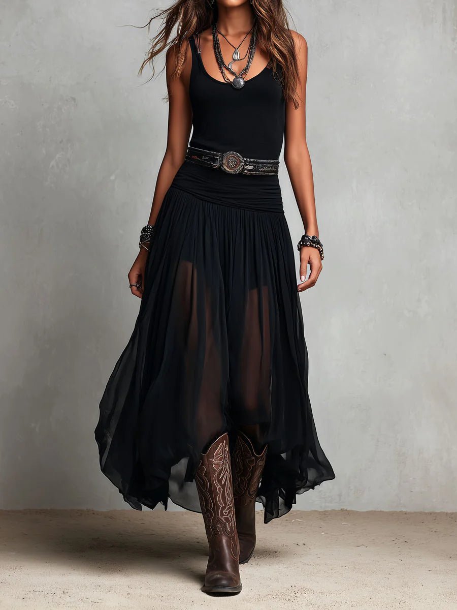 Women's Boho Black Sheer Tulle Belted V-Neck Maxi Dress - Black