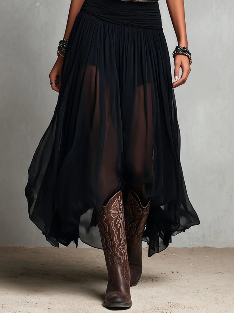 Women's Boho Black Sheer Tulle Belted V-Neck Maxi Dress