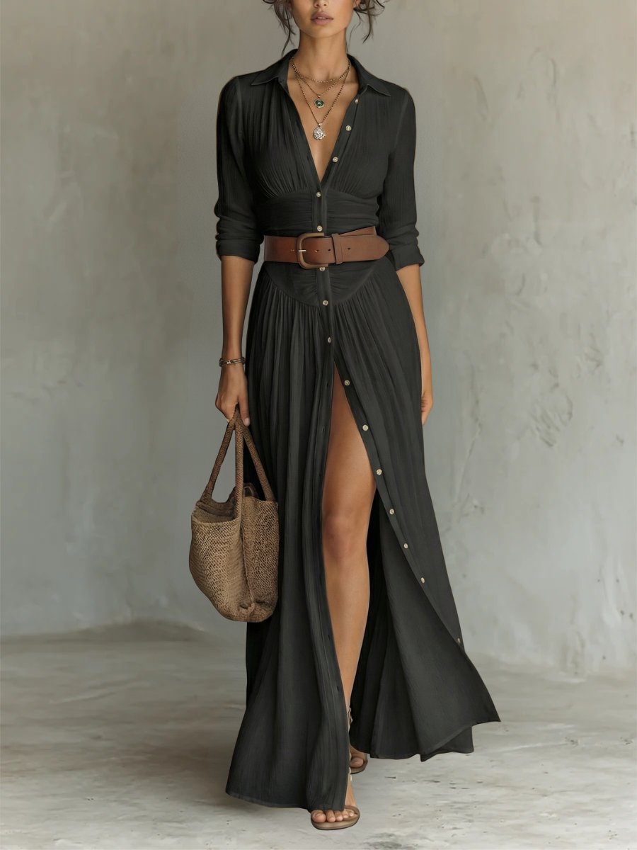 Women's Boho Button-Front Belted Maxi Shirt Dress - Black