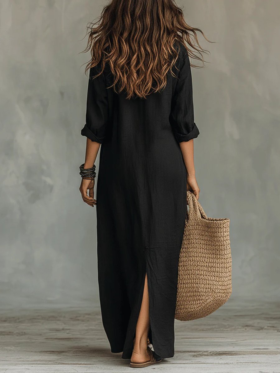 Women's Boho Button-Up Long Sleeve Dress Relaxed Maxi