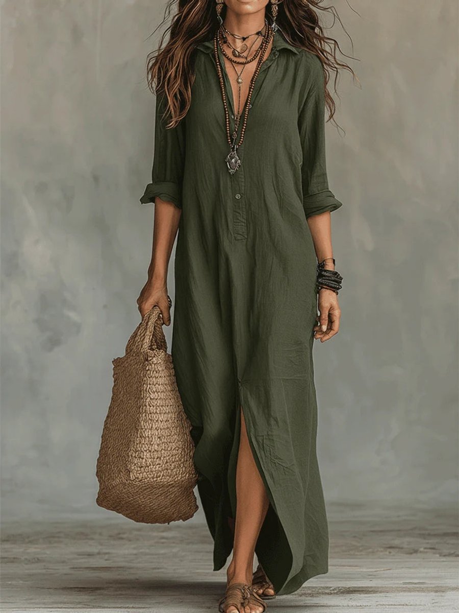 Women's Boho Button-Up Long Sleeve Dress Relaxed Maxi - Green