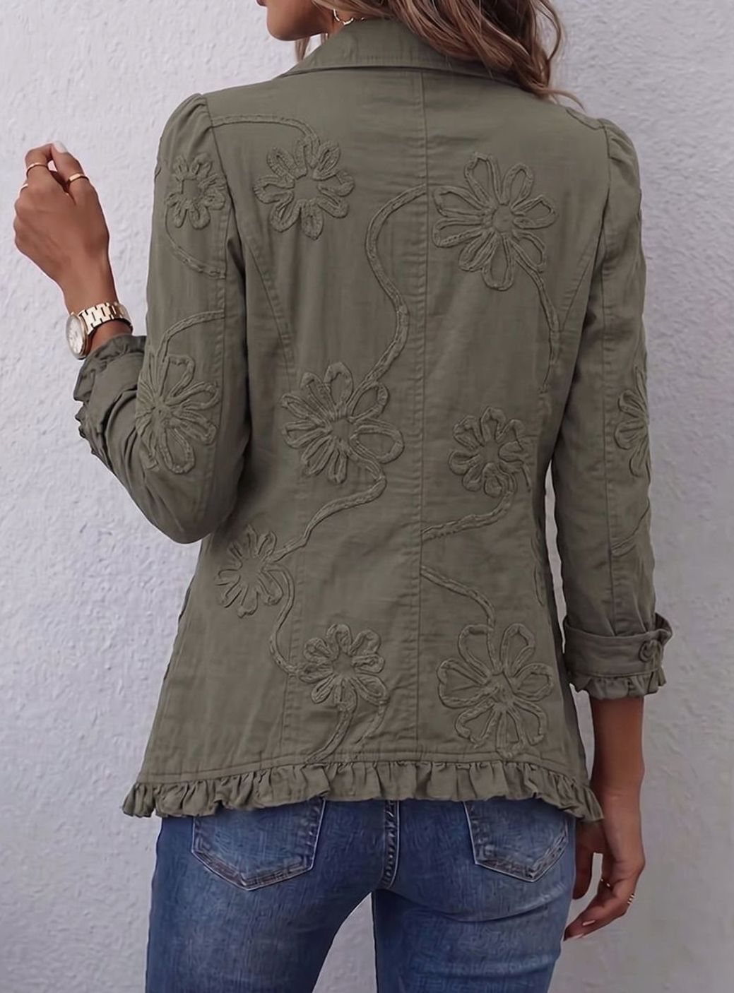 Women's Boho Floral Embroidered Ruffle Button Utility Jacket