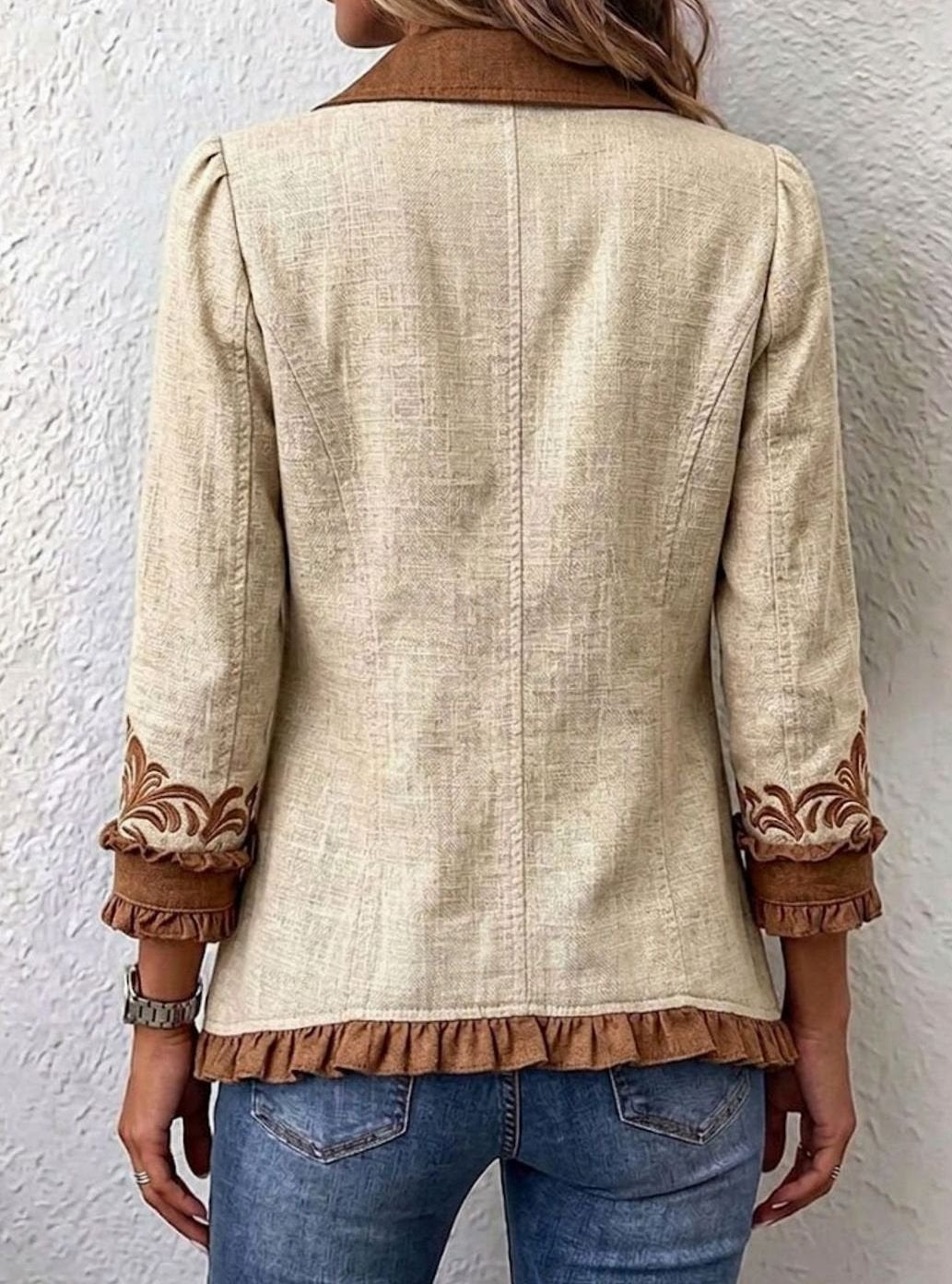Women's Boho Floral Embroidered Ruffle Open-Front Jacket