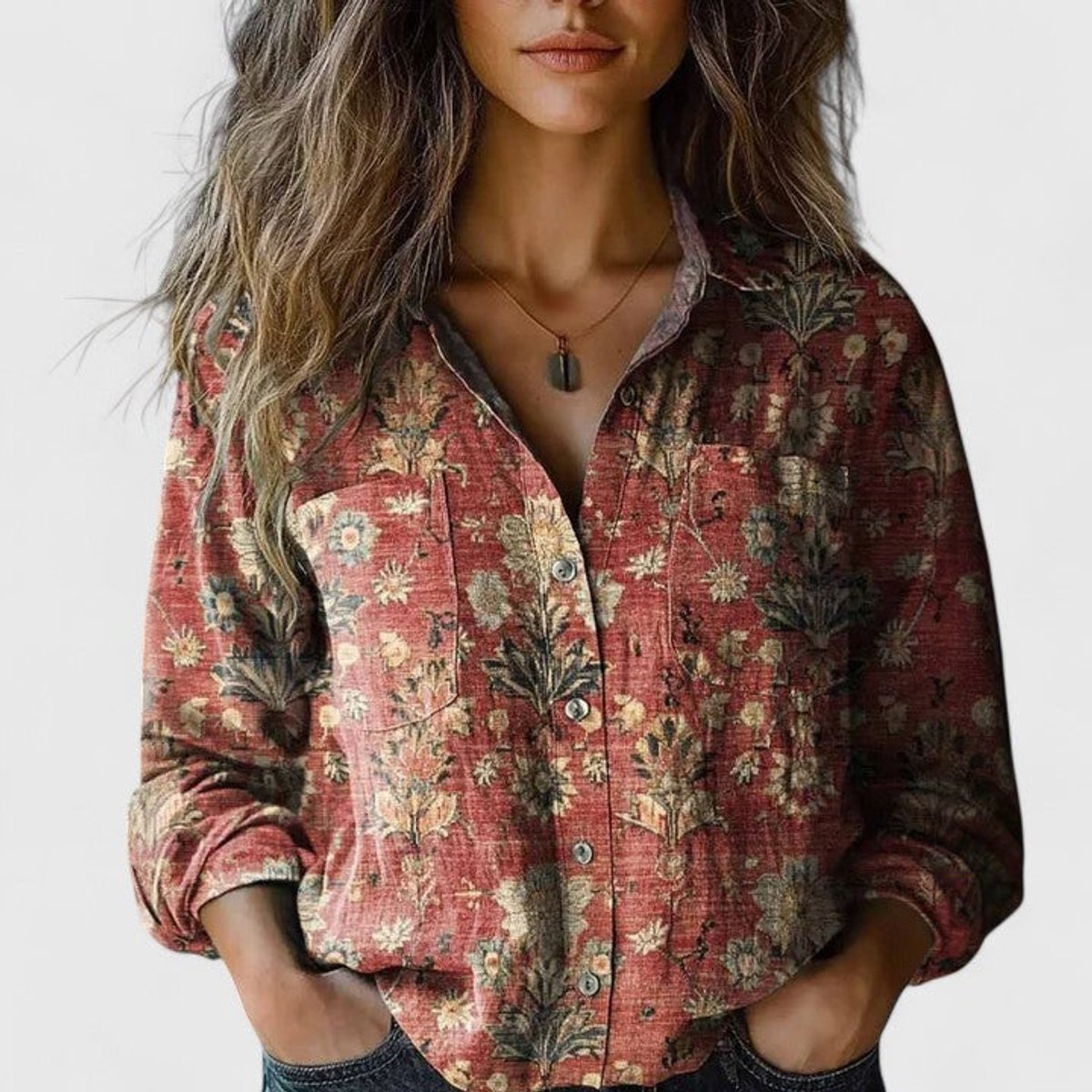 Women's Boho Floral-Print Long-Sleeve Button-Up Blouse - Red