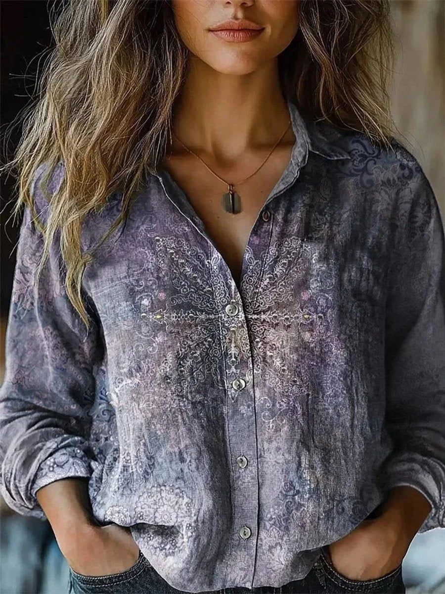 Women's Boho Floral-Print Long-Sleeve Button-Up Blouse - Purple