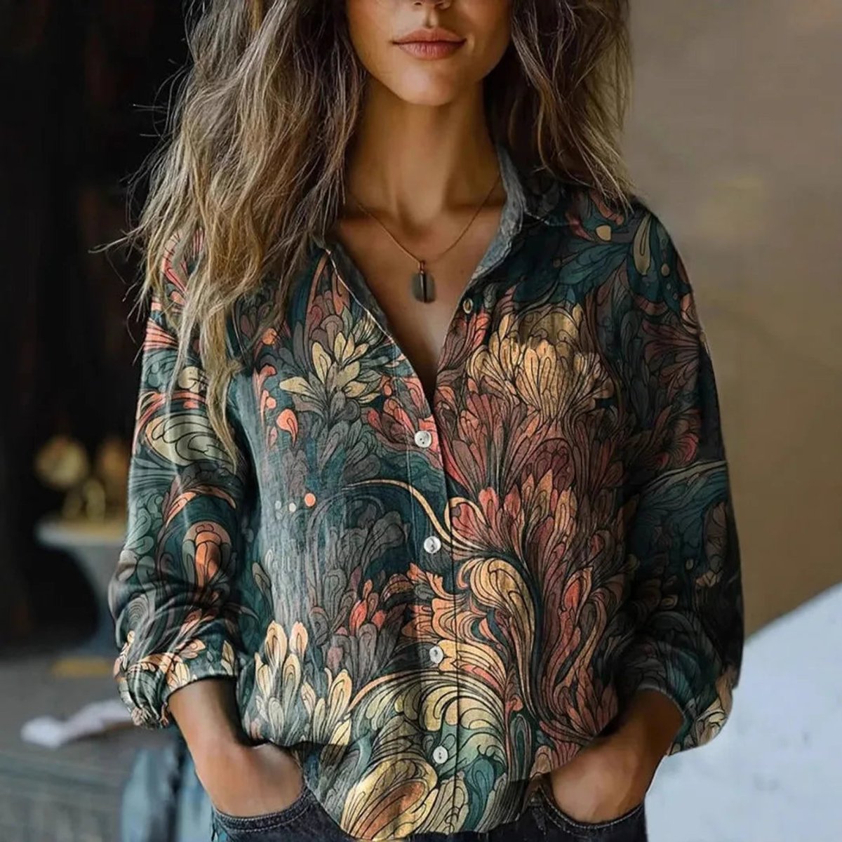 Women's Boho Floral-Print Long-Sleeve Button-Up Blouse - Dark Green