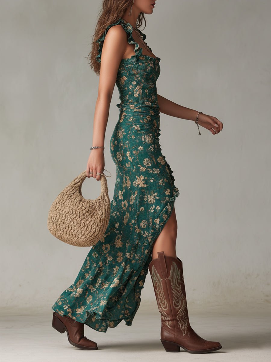 Women's Boho Floral Smocked Sleeveless Maxi Dress Side Split