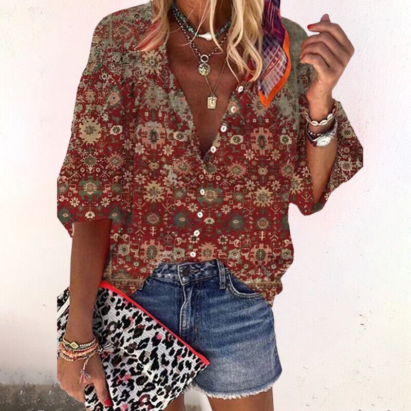 Women's Boho Floral V-Neck Long Sleeve Button-Down Blouse - Brown