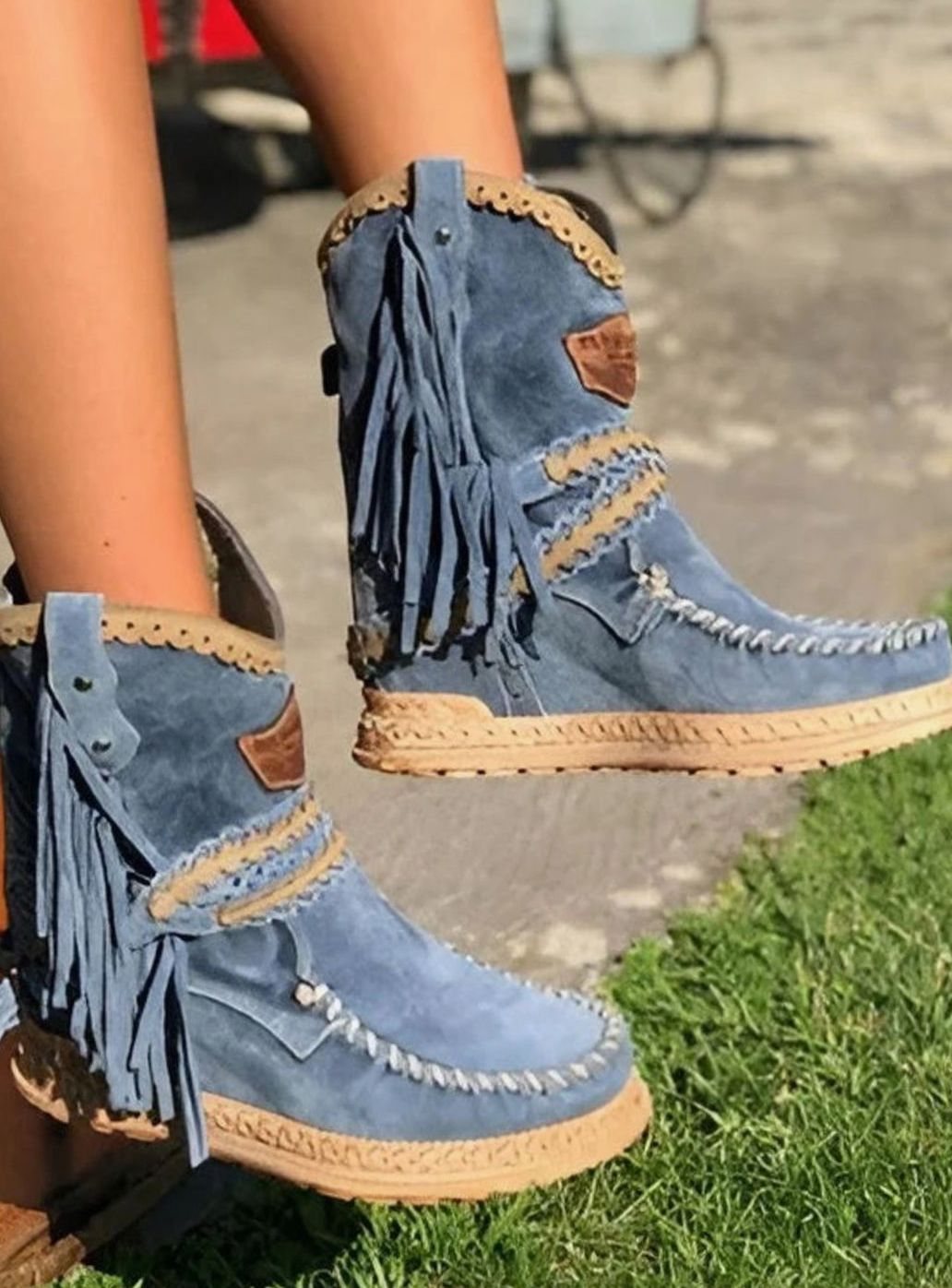 Women's Boho Fringe Suede Slip-On Ankle Boots - Dark Blue
