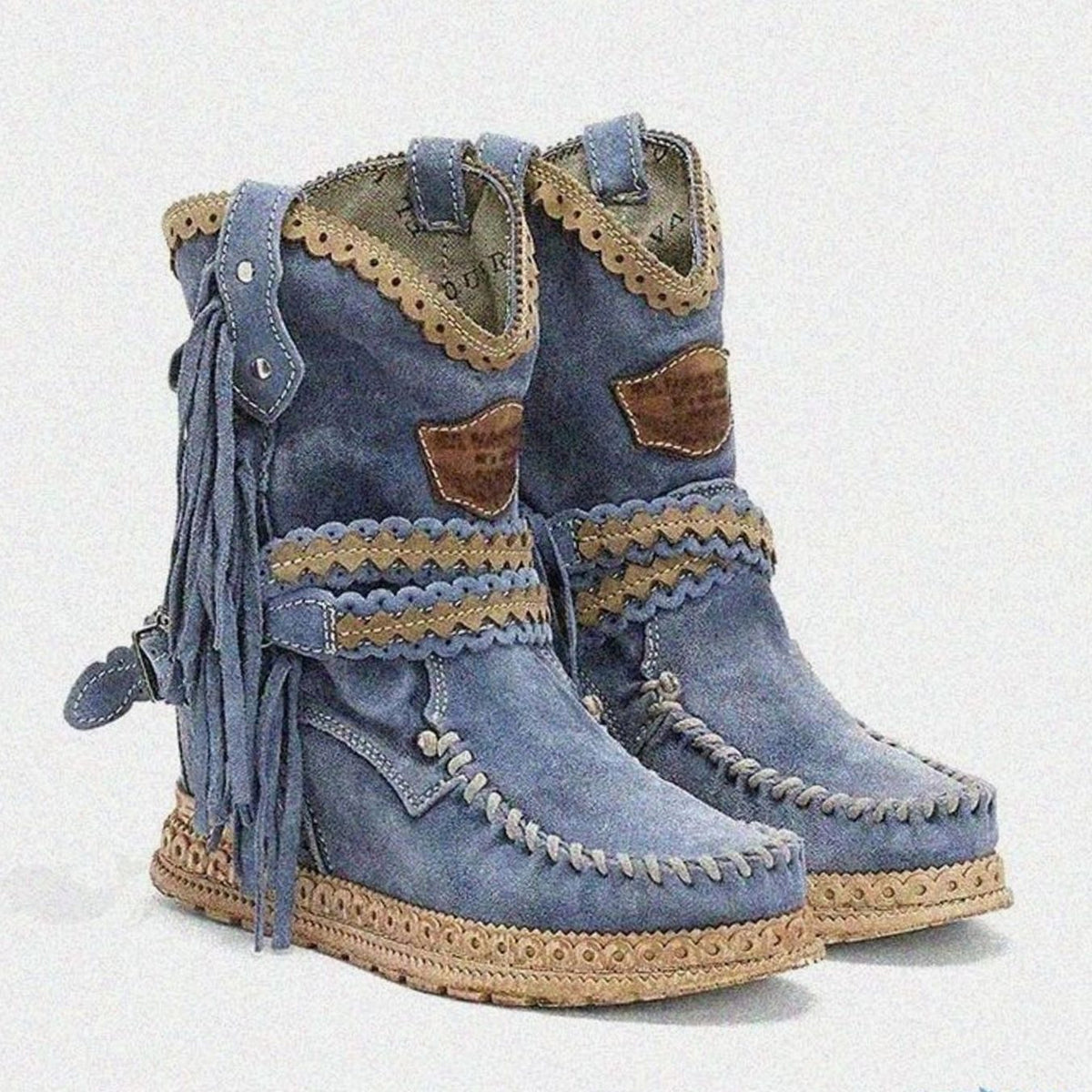 Women's Boho Fringe Suede Slip-On Ankle Boots