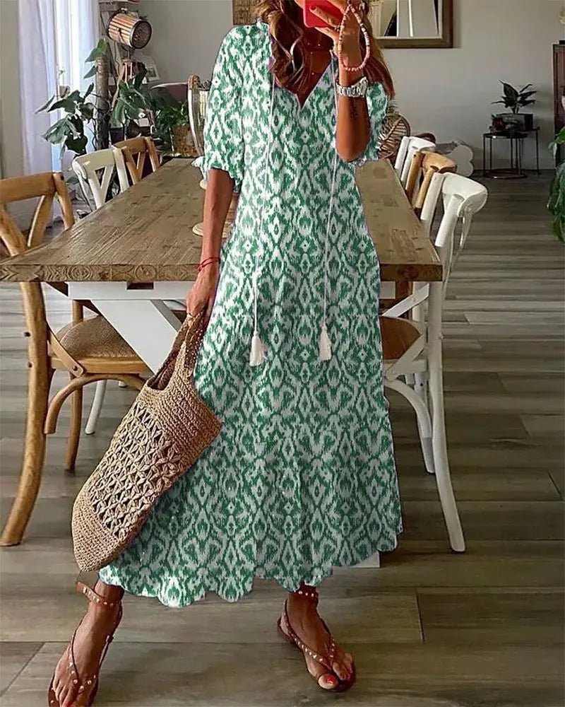 Women's Boho Geometric-Print V-Neck Lantern-Sleeve Maxi Dress - Green