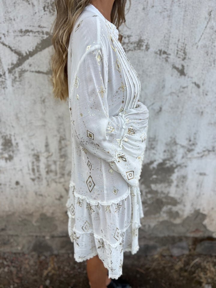 Women's Boho Gold-Embellished Flared-Sleeve Tiered Mini Dress