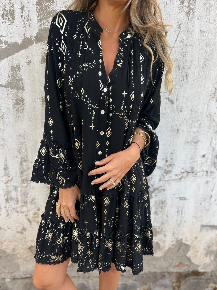 Women's Boho Gold-Embellished Flared-Sleeve Tiered Mini Dress - Black