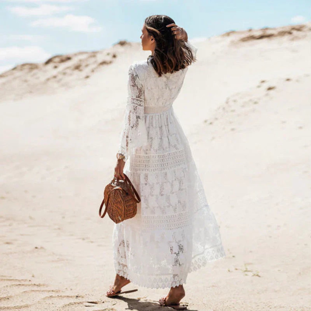 Women's Boho Lace Long Sleeve Flowy Maxi Dress