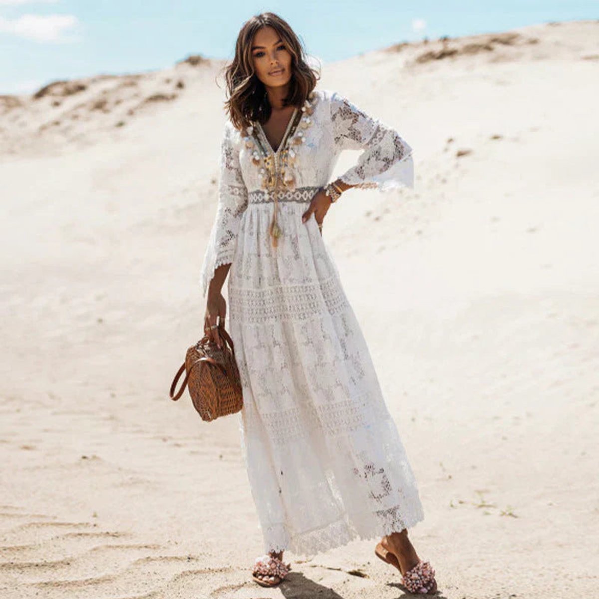Women's Boho Lace Long Sleeve Flowy Maxi Dress