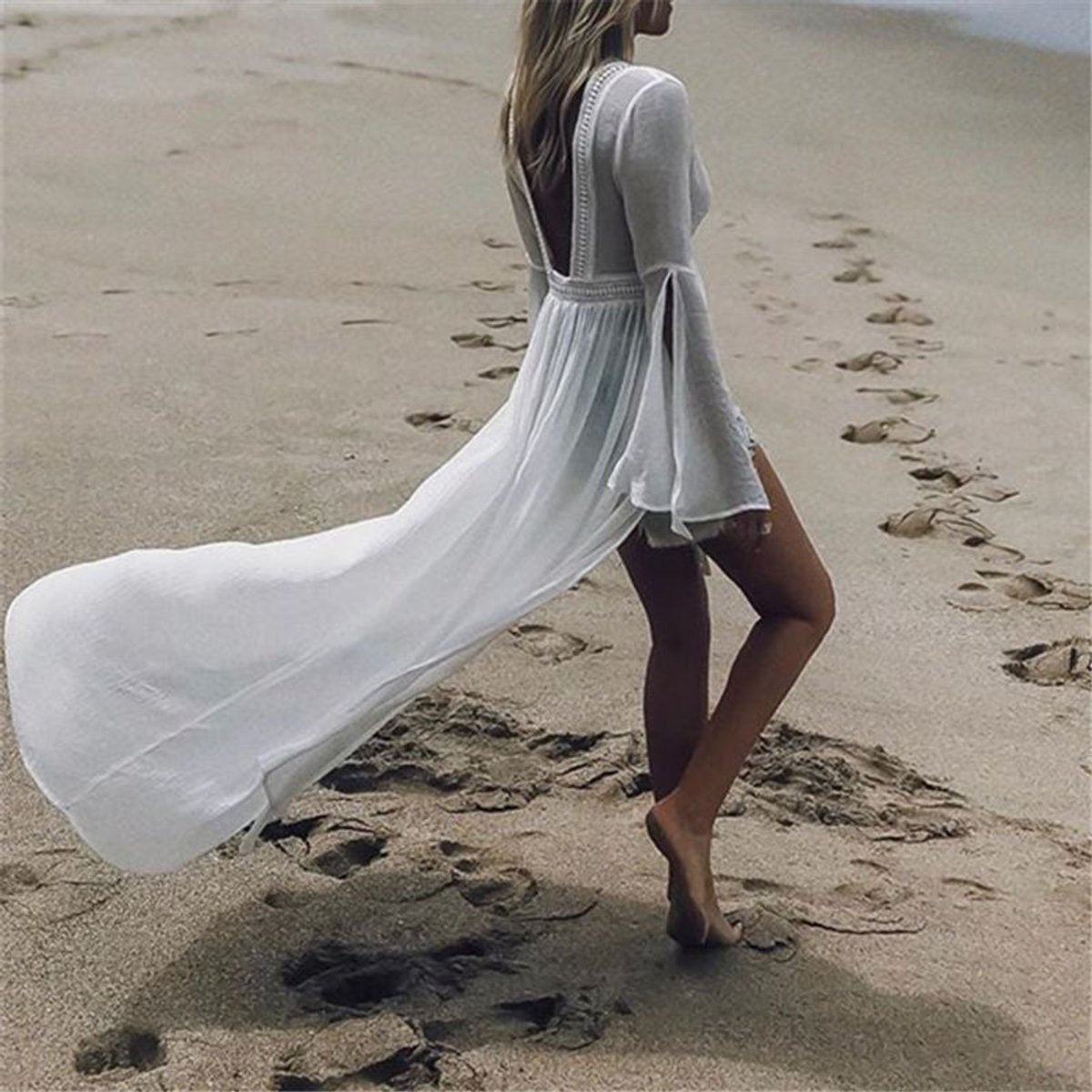 Women's Boho Open-Back Maxi Beach Tunic Kimono Cover-Up
