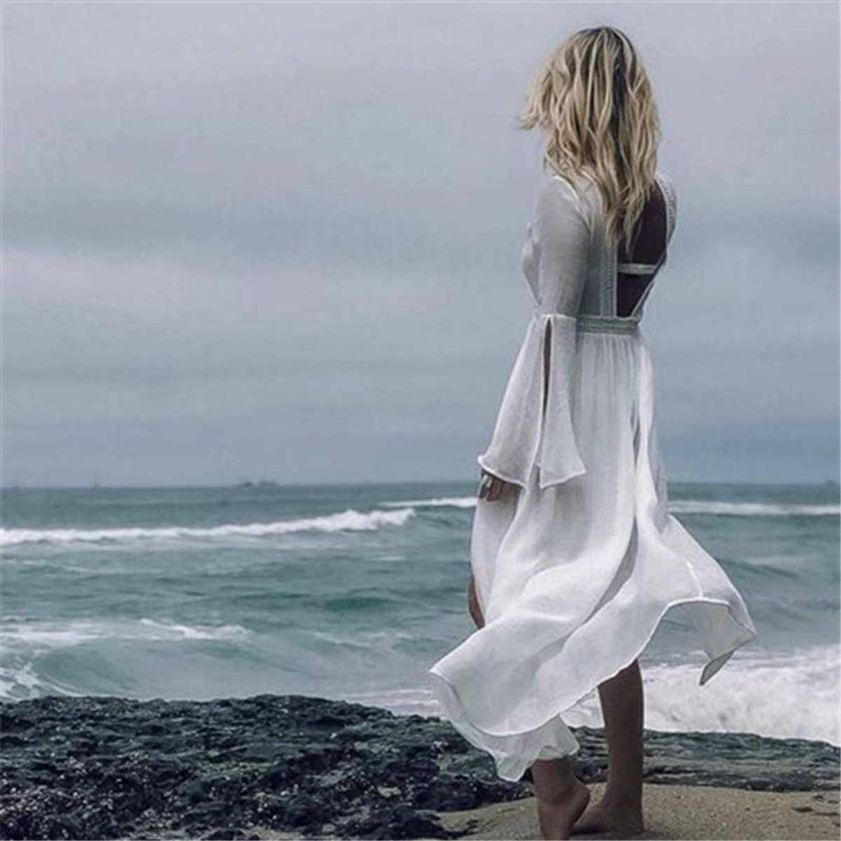 Women's Boho Open-Back Maxi Beach Tunic Kimono Cover-Up