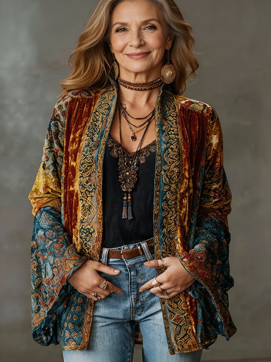 Women's Boho Quilted Jacket Loose Kimono Lightweight Outerwear