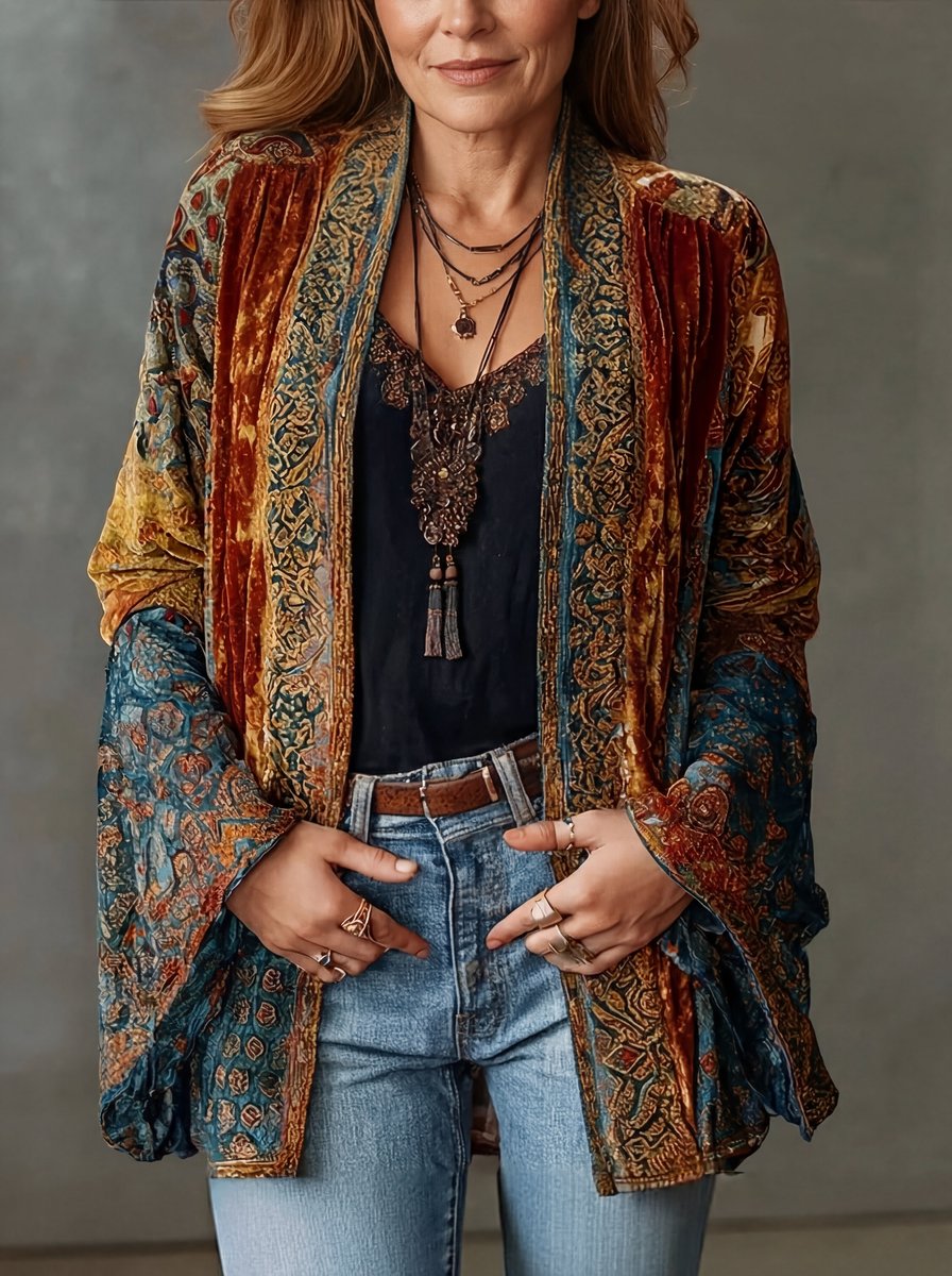 Women's Boho Quilted Jacket Loose Kimono Lightweight Outerwear