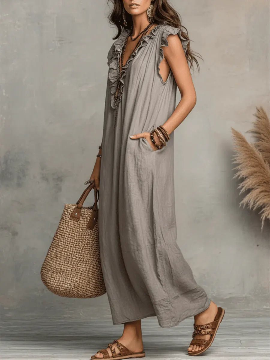 Women's Boho Ruffle V-Neck Flutter Sleeve Linen Maxi Dress
