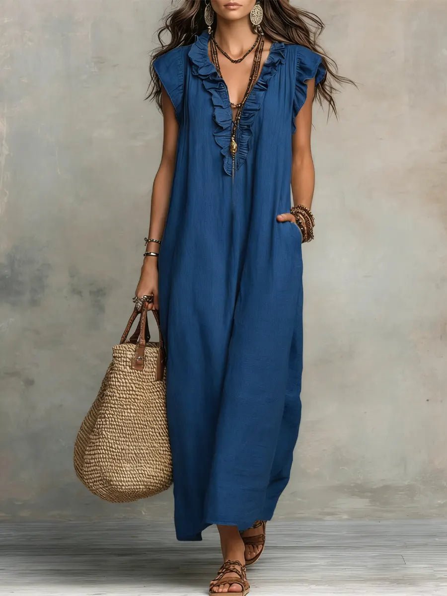 Women's Boho Ruffle V-Neck Flutter Sleeve Linen Maxi Dress - Blue