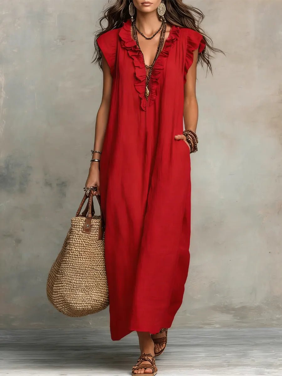 Women's Boho Ruffle V-Neck Flutter Sleeve Linen Maxi Dress - Red
