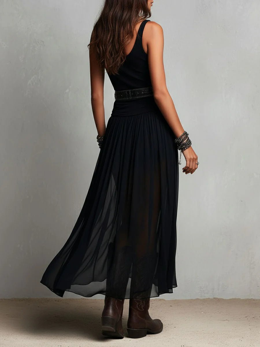 Women's Boho V-Neck Sleeveless Sheer Tulle Belted Maxi Dress