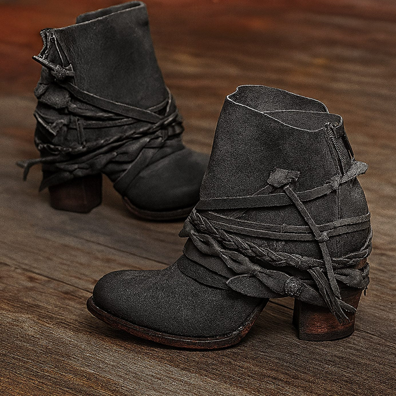 Women's Boho Western Wraparound-Strap Block-Heel Ankle Boots - Grey