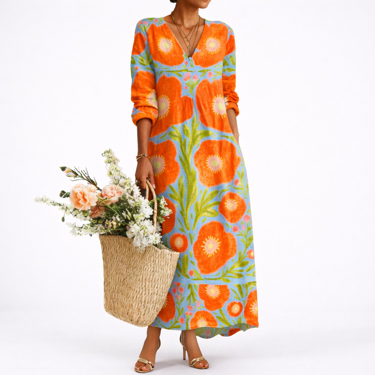 Women's Bold Floral V-Neck Long-Sleeve Maxi Dress - Multicolour
