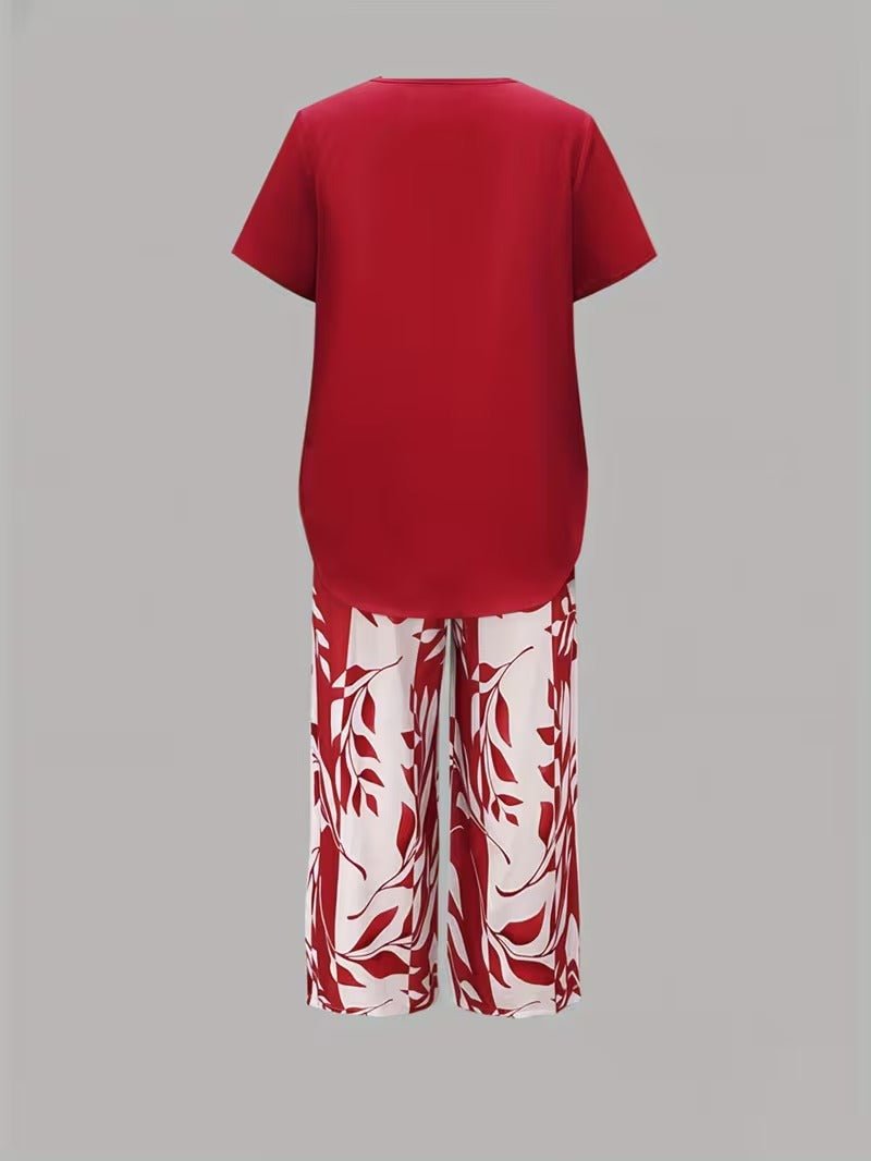 Women's Botanical Leaf Print Short Sleeve Relaxed Two Piece Set