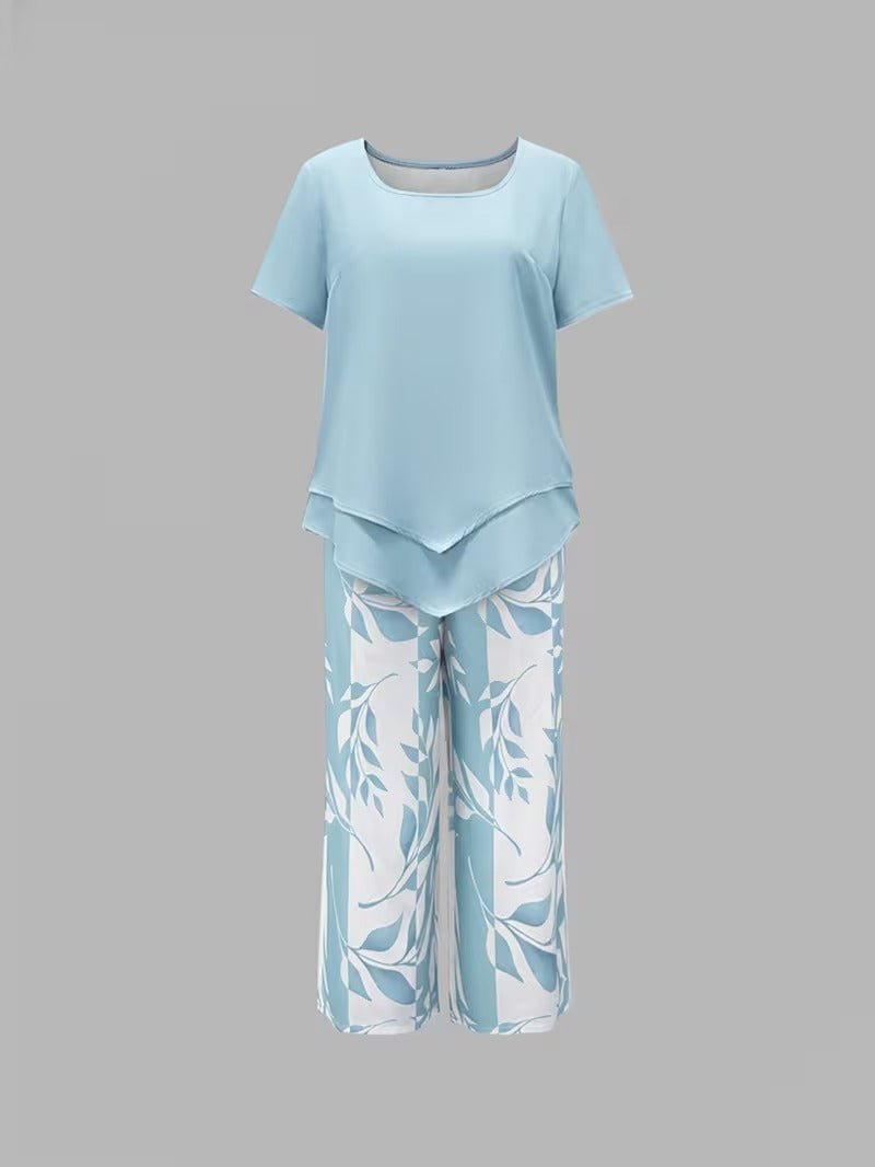 Women's Botanical Leaf Print Short Sleeve Relaxed Two Piece Set