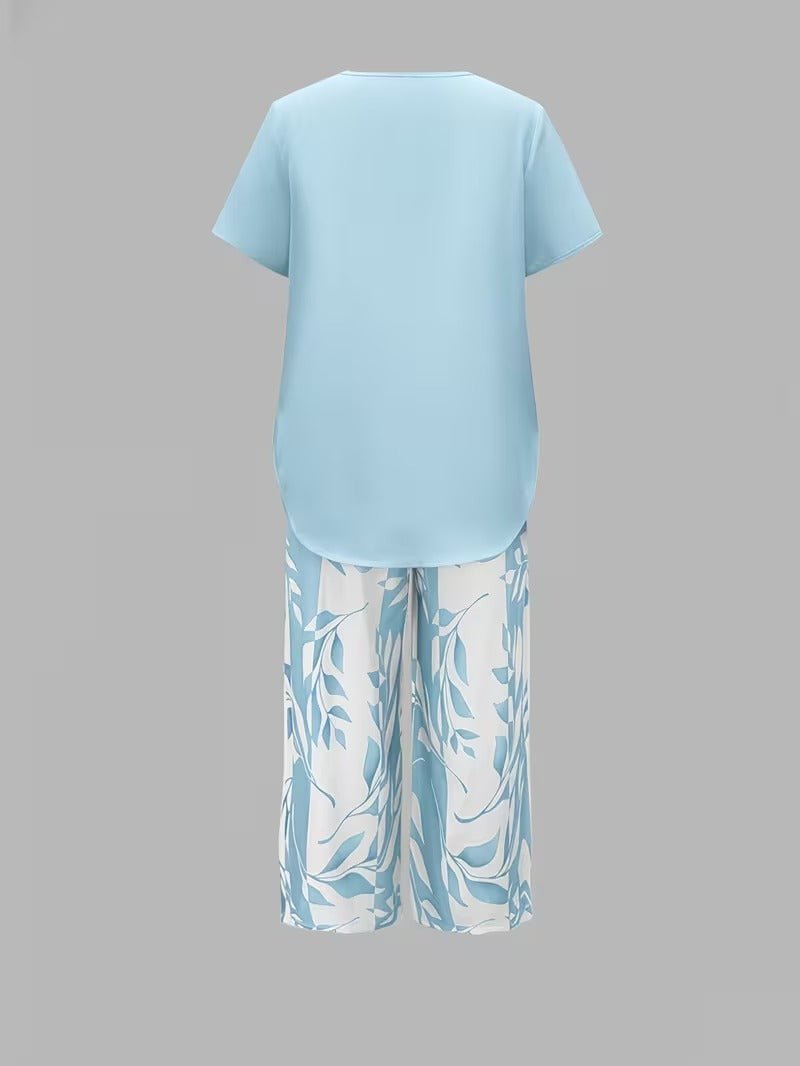 Women's Botanical Leaf Print Short Sleeve Relaxed Two Piece Set