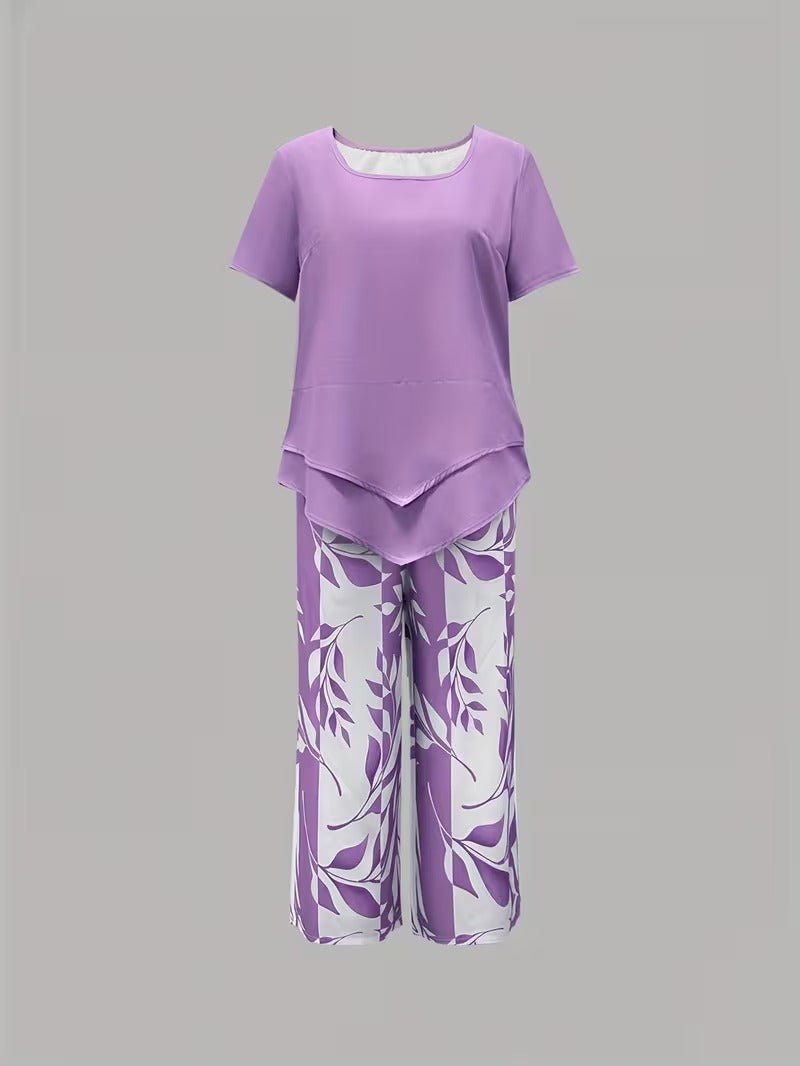 Women's Botanical Leaf Print Short Sleeve Relaxed Two Piece Set