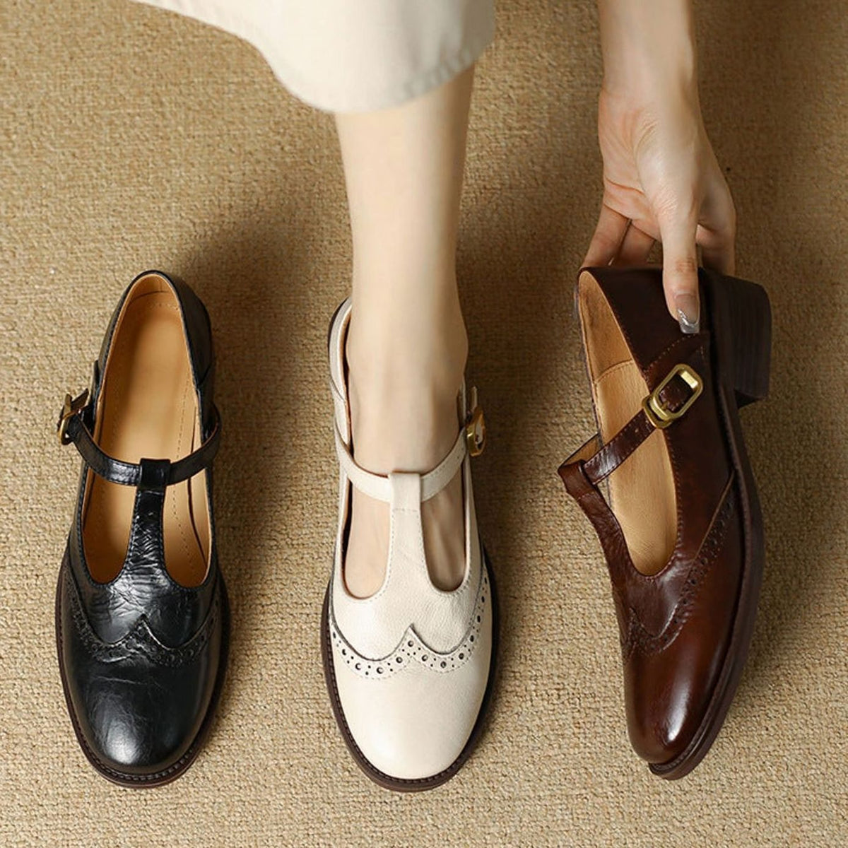 Women's Brogue T-Bar Buckle Low-Heel Mary Jane Shoes