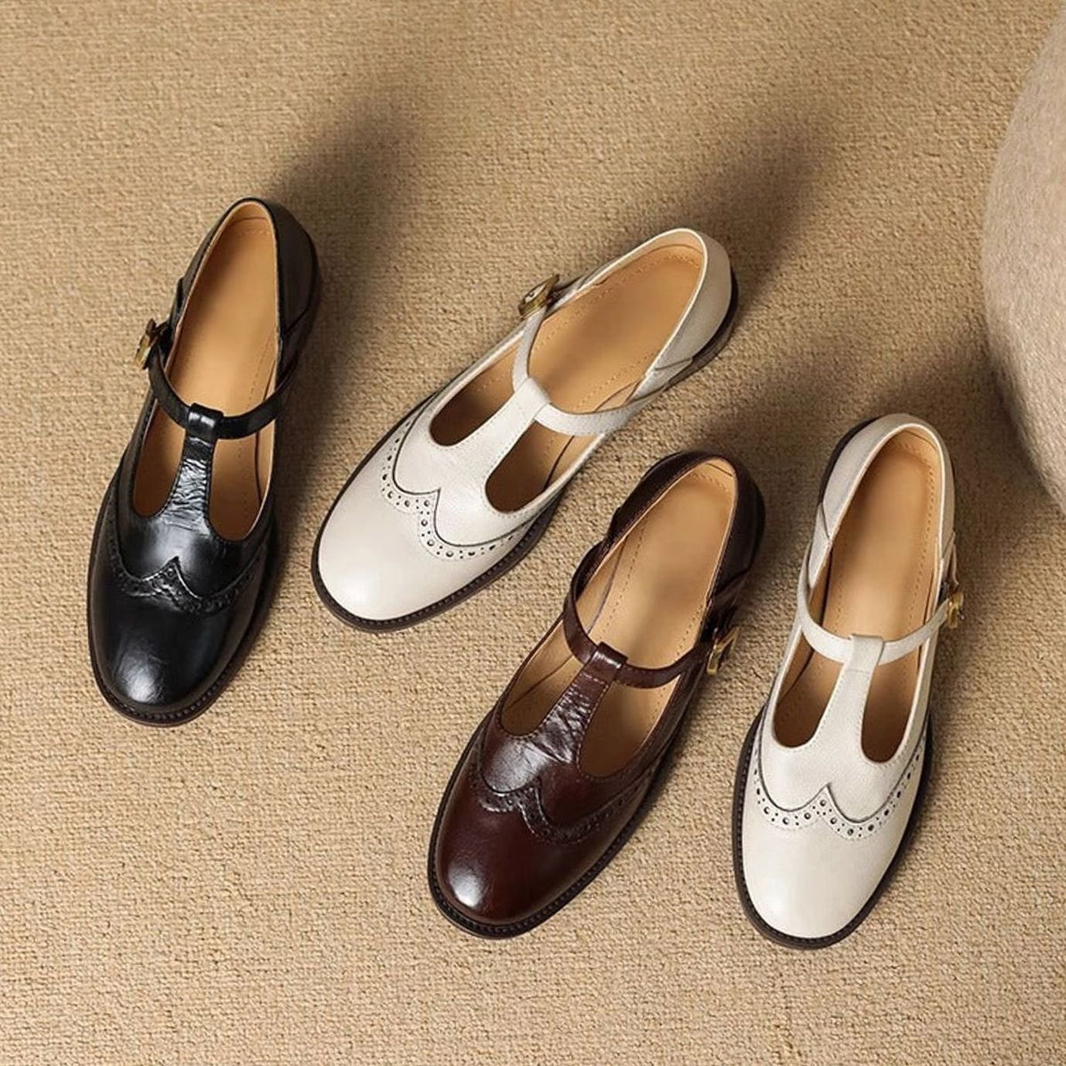Women's Brogue T-Bar Buckle Low-Heel Mary Jane Shoes