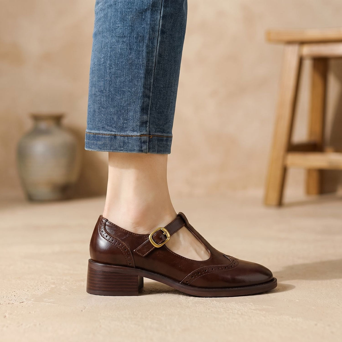 Women's Brogue T-Bar Mary Jane Shoes Low Block Heel
