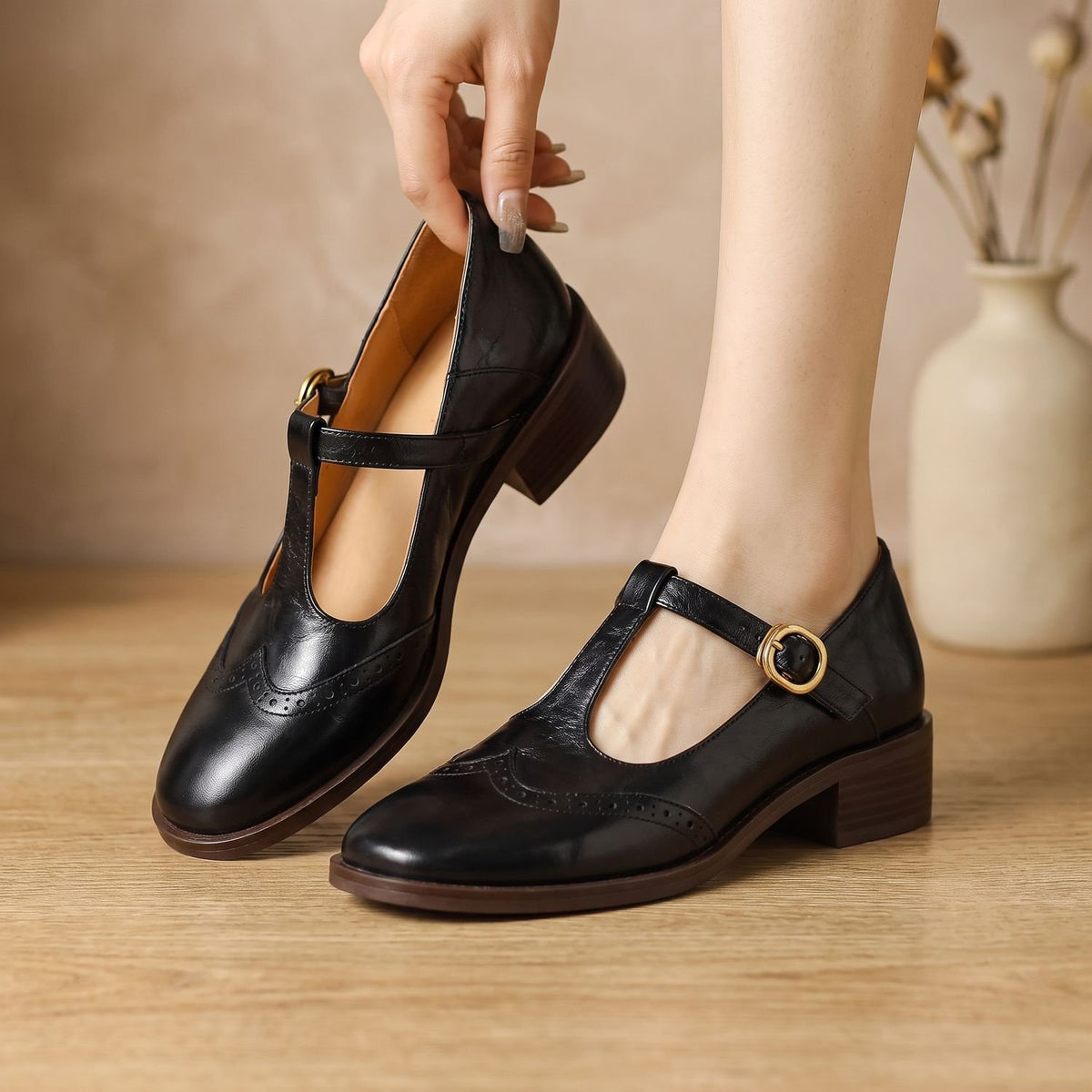 Women's Brogue T-Bar Mary Jane Shoes Low Block Heel