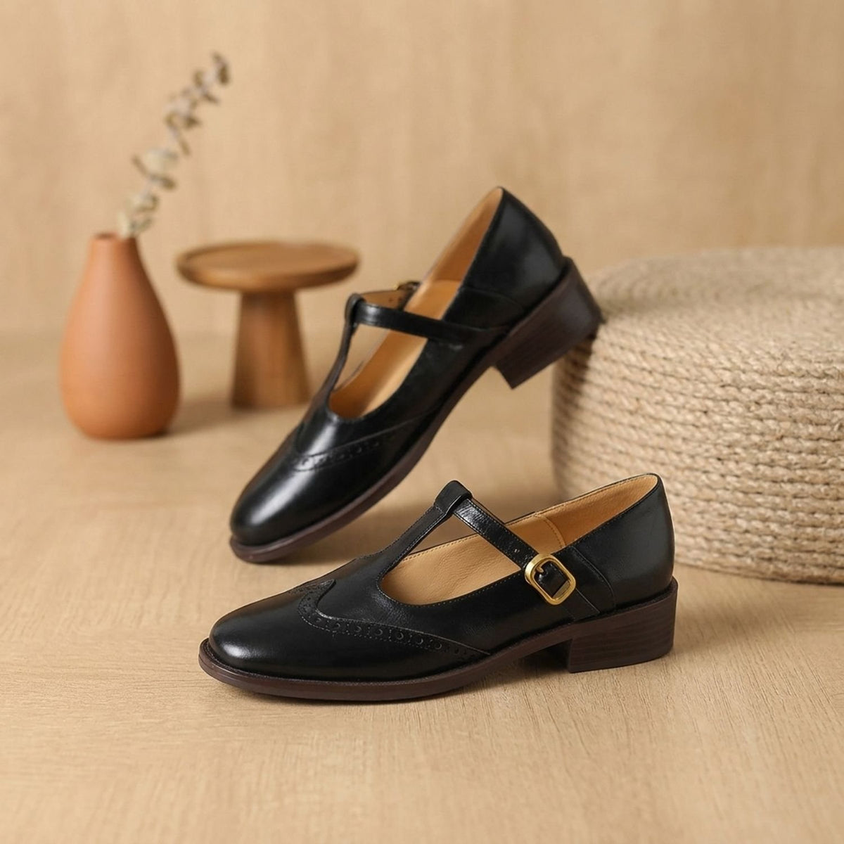 Women's Brogue T-Bar Mary Jane Shoes Low Block Heel